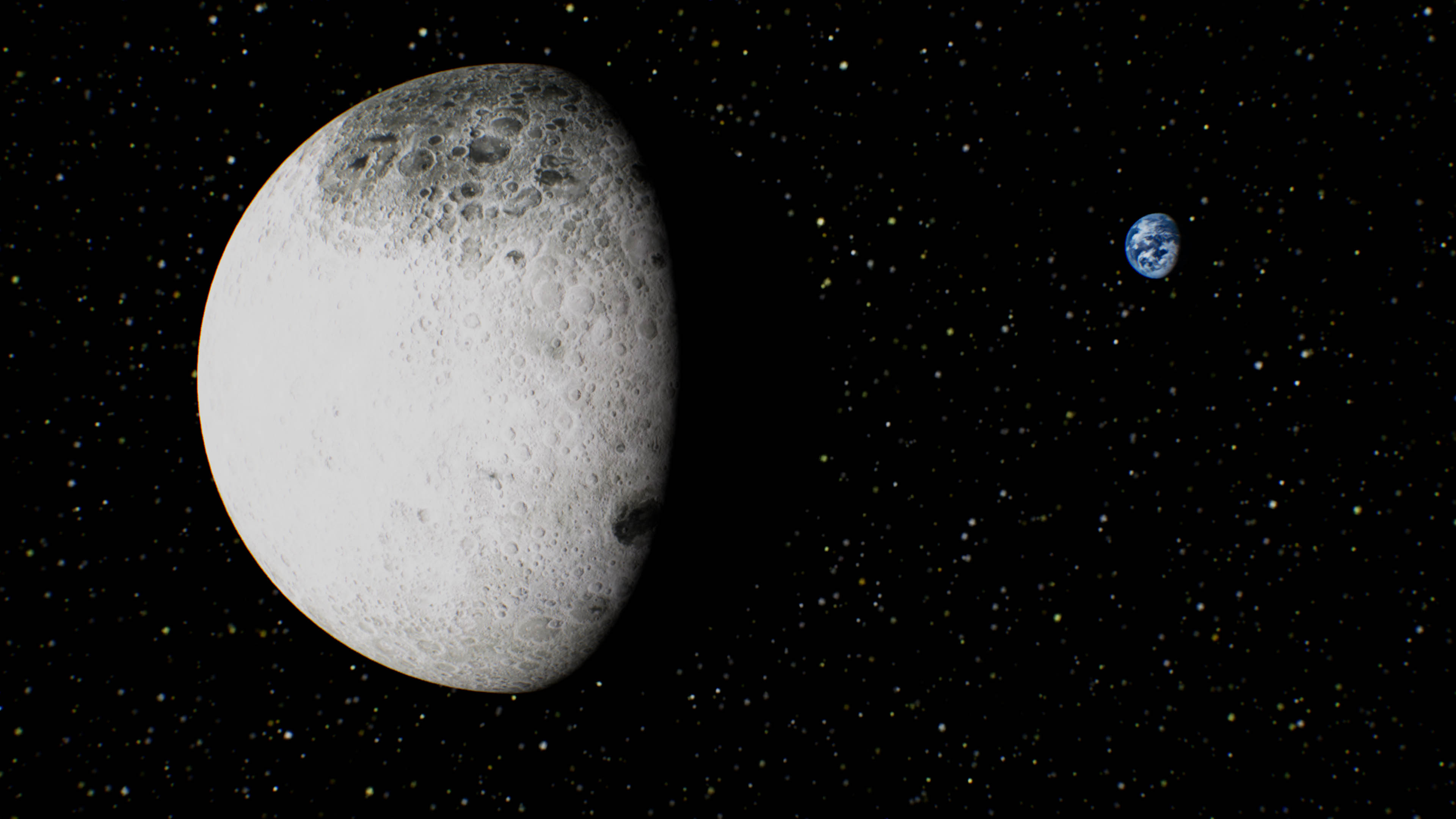 View from starship Qubit of the rarely seen far side of the Moon, distant Earth in the background